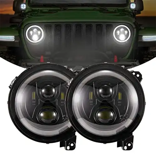 KIWI MASTER 9 Inch Round LED Headlights Halo DRL for Jeep Wrangler JL 2018-2022 Jeep Gladiator JT Accessories High Low Beam Headlight with Daytime Running Lights (New Version Adjustable Screw)