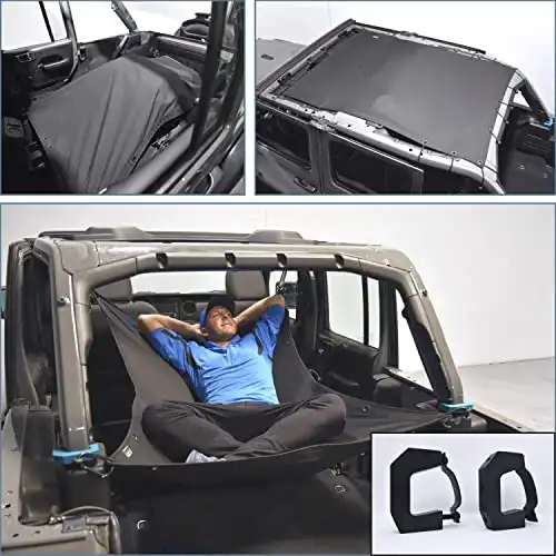JKloud Hammock fits Jeep Wrangler Roof On or Off Multipurpose Sunshade and Cargo Cover. Adjustable Hammock, Eclipse Sunshade, Military Spec Material Made in USA