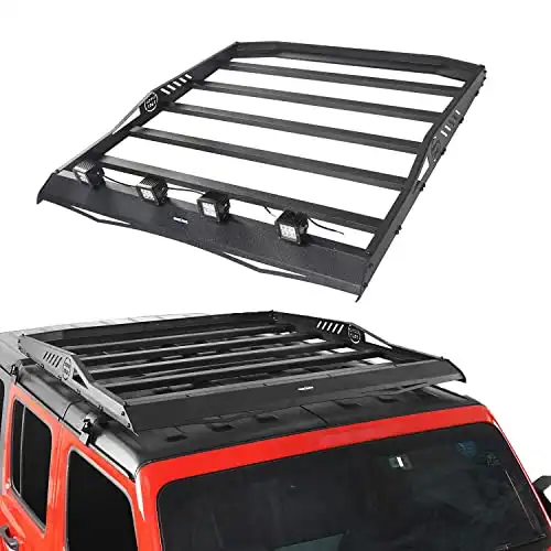V8 GOD for Jeep Top Roof Rack Cargo Carrier Luggage Basket for Jeep Wrangler JL 2018 2019 2020 2021 & Jeep Gladiator 2020 2021 2022 JT 2/4 Doors w/4x 18W LED Lights