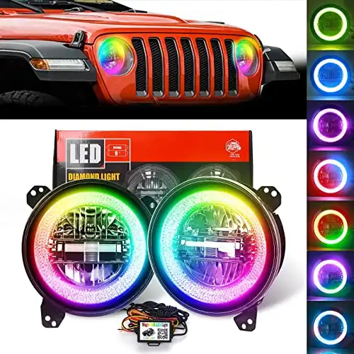 COWONE DOT Approved 9"Inch RGB Halo Led Round Headlights [DIY RGB Color] Compatible with Jeep Wrangler JL Sport Rubicon Sahara 2018-2021[Integrated Mounting Bracket]